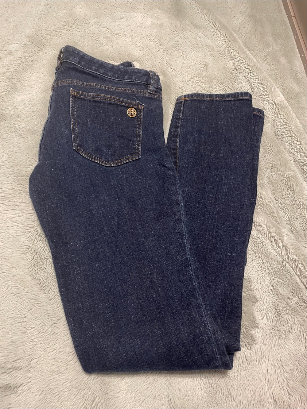 Tory Burch Dark Indigo Straight-Leg Jeans with Gold Button